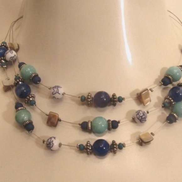 Layered Glass Genuine Stones MOP Stainless Steel Floating Necklace - Picture 9 of 12